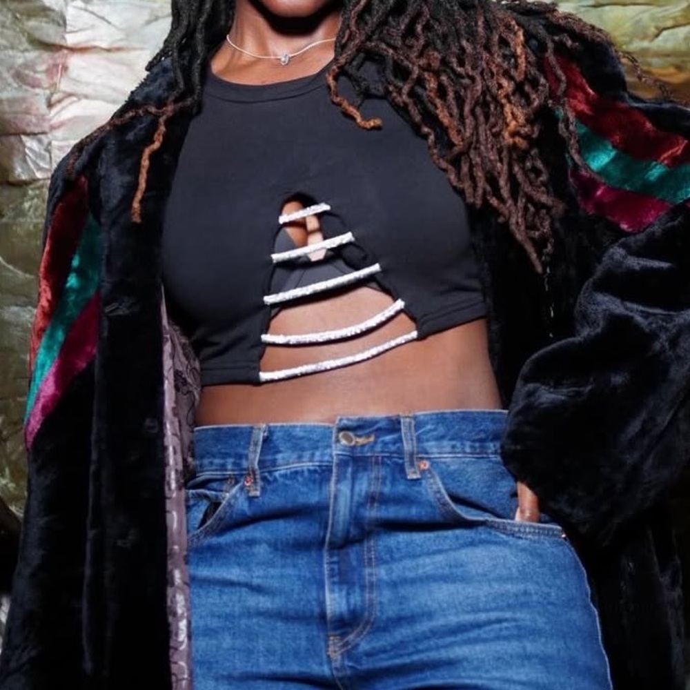 Cropped Black Cut-Out Top w/ Crystal details